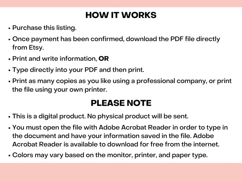 May include: A digital download guide with instructions on how to use a printable PDF file. The guide explains how to purchase, download, print, and edit the file. It also notes that the product is a digital download and no physical product will be sent.