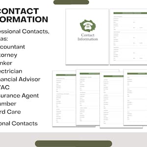 Puede incluir: Una hoja de informaci&oacute;n de contacto imprimible con secciones para contactos profesionales y personales. La hoja incluye categor&iacute;as para contador, abogado, banquero, electricista, asesor financiero, HVAC, agente de seguros, fontanero y cuidado del jard&iacute;n.