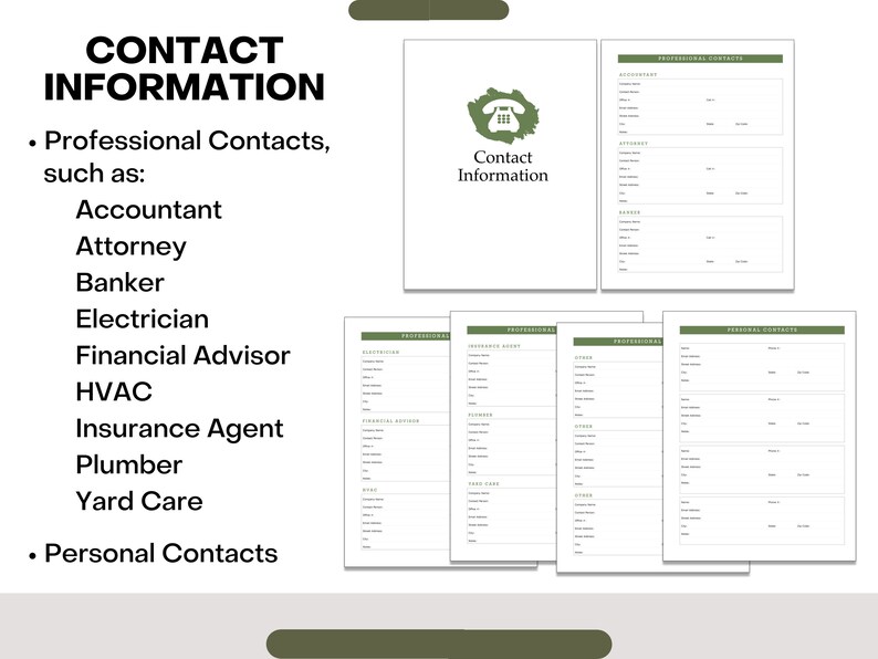 Puede incluir: Una hoja de informaci&oacute;n de contacto imprimible con secciones para contactos profesionales y personales. La hoja incluye categor&iacute;as para contador, abogado, banquero, electricista, asesor financiero, HVAC, agente de seguros, fontanero y cuidado del jard&iacute;n.