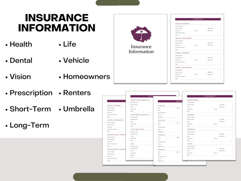 Puede incluir: Una hoja de informaci&oacute;n de seguros imprimible con un icono de paraguas morado. La hoja incluye una lista de diferentes tipos de seguros, incluyendo salud, dental, visi&oacute;n, vida, veh&iacute;culo, propietarios, recetas, inquilinos, a corto plazo, paraguas y a largo plazo.