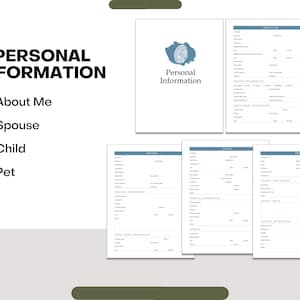 Puede incluir: Un formulario imprimible para informaci&oacute;n personal. El formulario incluye secciones para "Acerca de m&iacute;", "C&oacute;nyuge", "Hijo" y "Mascota".