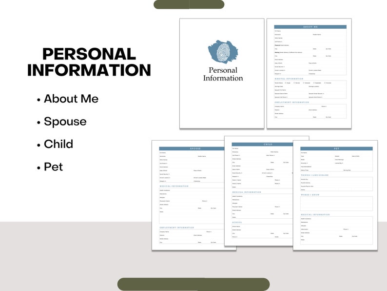 Puede incluir: Un formulario imprimible para informaci&oacute;n personal. El formulario incluye secciones para "Acerca de m&iacute;", "C&oacute;nyuge", "Hijo" y "Mascota".