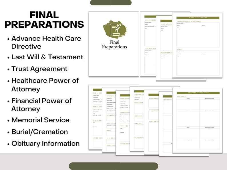 Puede incluir: Una lista de verificaci&oacute;n imprimible para los preparativos finales, que incluye la Directiva de Atenci&oacute;n M&eacute;dica Avanzada, el Testamento, el Acuerdo de Fideicomiso, el Poder Notarial de Atenci&oacute;n M&eacute;dica, el Poder Notarial Financiero, el Servicio Conmemorativo, el Entierro/Cremaci&oacute;n y la Informaci&oacute;n del Obituario.