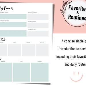 May include: A printable worksheet with a light blue background and black text. The worksheet is titled "Favorites & Routines" and includes sections for a child's name, favorite indoor and outdoor activities, favorite foods, technology rules, favorite shows, favorite books, and daily routines. The worksheet is designed to be a concise single-page introduction to each child, including their favorite things and daily routines.