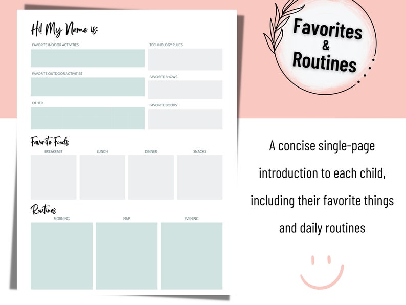 May include: A printable worksheet with a light blue background and black text. The worksheet is titled "Favorites & Routines" and includes sections for a child's name, favorite indoor and outdoor activities, favorite foods, technology rules, favorite shows, favorite books, and daily routines. The worksheet is designed to be a concise single-page introduction to each child, including their favorite things and daily routines.