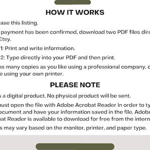 Puede incluir: Una gu&iacute;a de descarga digital con instrucciones sobre c&oacute;mo usar dos archivos PDF para imprimir y escribir informaci&oacute;n. La gu&iacute;a incluye el texto "HOW IT WORKS" y "PLEASE NOTE".