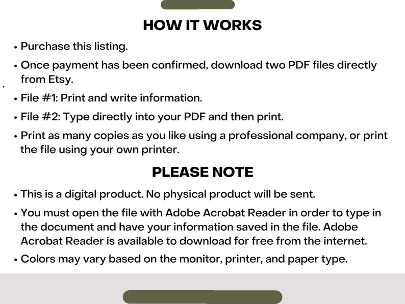 Puede incluir: Una gu&iacute;a de descarga digital con instrucciones sobre c&oacute;mo usar dos archivos PDF para imprimir y escribir informaci&oacute;n. La gu&iacute;a incluye el texto "HOW IT WORKS" y "PLEASE NOTE".