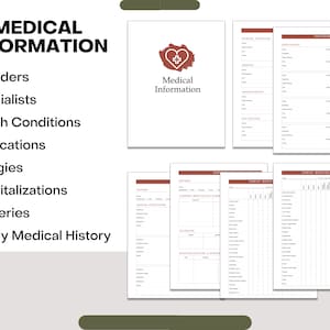 Puede incluir: Un rastreador de informaci&oacute;n m&eacute;dica imprimible con un logotipo de coraz&oacute;n rojo y el texto "Informaci&oacute;n m&eacute;dica". El rastreador incluye secciones para proveedores, especialistas, condiciones de salud, medicamentos, alergias, hospitalizaciones, cirug&iacute;as e historial m&eacute;dico familiar.