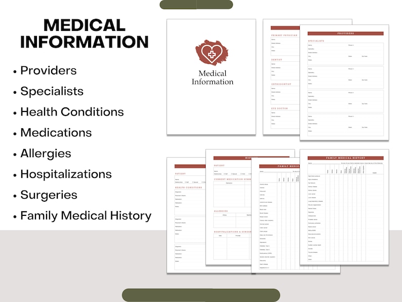 Puede incluir: Un rastreador de informaci&oacute;n m&eacute;dica imprimible con un logotipo de coraz&oacute;n rojo y el texto "Informaci&oacute;n m&eacute;dica". El rastreador incluye secciones para proveedores, especialistas, condiciones de salud, medicamentos, alergias, hospitalizaciones, cirug&iacute;as e historial m&eacute;dico familiar.