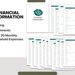 Puede incluir: Una hoja de trabajo de informaci&oacute;n financiera imprimible con un logotipo verde azulado y el texto "Informaci&oacute;n financiera". La hoja de trabajo incluye secciones para banca, inversiones y m&aacute;s de 20 gastos mensuales del hogar.