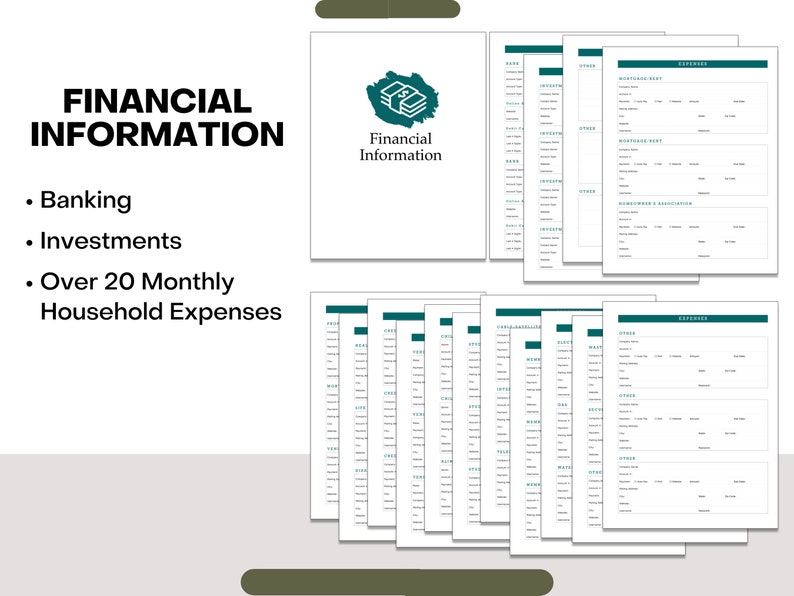 Puede incluir: Una hoja de trabajo de informaci&oacute;n financiera imprimible con un logotipo verde azulado y el texto "Informaci&oacute;n financiera". La hoja de trabajo incluye secciones para banca, inversiones y m&aacute;s de 20 gastos mensuales del hogar.