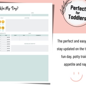 May include: A printable daily log for tracking a toddler's day. The log includes sections for how the toddler felt, activities, diapers/potty, naps, and comments. The title is "How Was My Day?" and the text "Perfect for Toddlers" is in a circle with a floral design.
