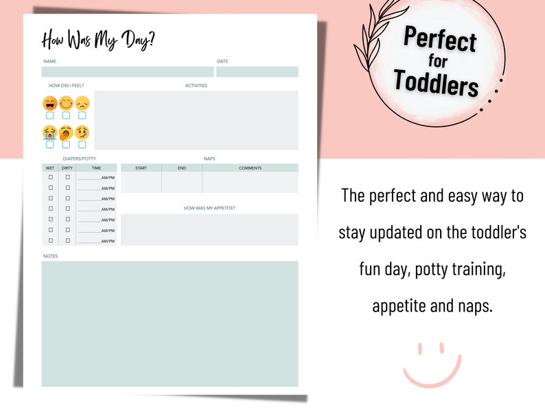 May include: A printable daily log for tracking a toddler's day. The log includes sections for how the toddler felt, activities, diapers/potty, naps, and comments. The title is "How Was My Day?" and the text "Perfect for Toddlers" is in a circle with a floral design.