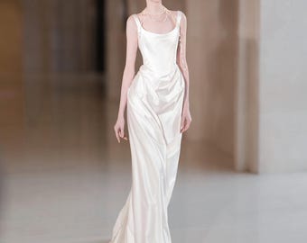 Satin Cowl Neck Wedding Dress | Vintage Spaghetti Strap Bridal Gown