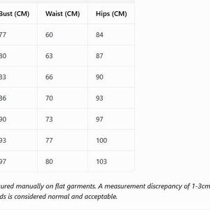 May include: A white size chart table with black text listing sizes from XS to XXXL, including bust, waist, and hip measurements in centimeters. The text below states: This chart is measured manually on flat garments. A measurement discrepancy of 1-3cm due to different measuring methods is considered normal and acceptable.
