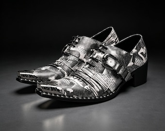 Men's Newspaper Print Derby Shoes, Metal Cap Toe Buckle Dress Footwear