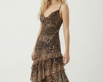 Leopard Print Ruffle Midi Dress | Sheer Mesh Spaghetti Strap Dress | Y2K Grunge Asymmetric Hem Dress for Women