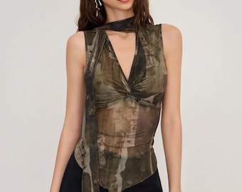 Vintage Floral Mesh Neckholder Tank Top | Twist Front Ärmellose Asymmetrische Saum Semi Sheer Y2K Bluse