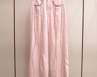 Jean large rose pâle orné de perles et de strass | Pantalon en jean américain à taille haute