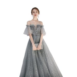 May include: A floor-length grey gown featuring an off-the-shoulder neckline with sheer tulle sleeves. The bodice is covered in silver sequins, while the skirt is made of layered tulle fabric adorned with small, shimmering silver star-shaped accents.