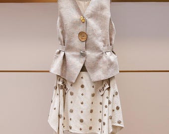 Französische Leinen Weste & Perlenrock Set Schößchen | Asymmetrisches Sommer Outfit