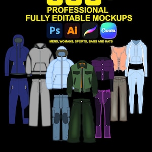 May include: A digital graphic showcasing a collection of clothing mockups, including jackets, hoodies, and pants in various colors. The image includes the text "500+ PROFESSIONAL FULLY EDITABLE MOCKUPS" and icons for design software.