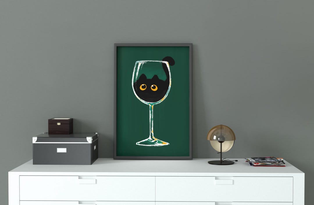 Black Cat Wine Glass Art Print | Hand-painted Style Wall Art (digital ...