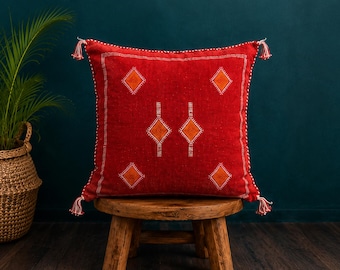 Moroccan Sabra Silk Pillow Cover - Red Berber Cushion Case - Boho Cactus Silk Pillow - Tribal Kilim Cushion - Handmade Moroccan Decor