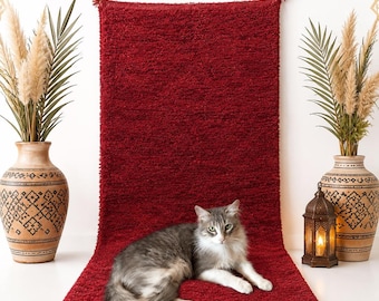 Alfombra marroquí roja estilo Beni Ourain hecha a mano / Tamaño y color personalizados / Alfombra de lana tejida a mano / Alfombra de pelo largo y mullido / Alfombra bereber marroquí