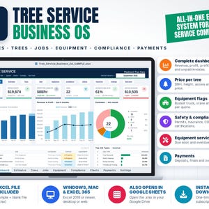 Könnte beinhalten: Ein digitales Dashboard für ein Betriebssystem für Baumpflegeunternehmen auf einem Computerbildschirm. Die Benutzeroberfläche zeigt Finanzkennzahlen, Auftragsverfolgung und Diagramme. Der Text umfasst Tree Service Business OS, All-in-one Excel system sowie verschiedene Geschäftskategorien wie Kostenvoranschläge, Aufträge, Ausrüstung, Compliance und Zahlungen.