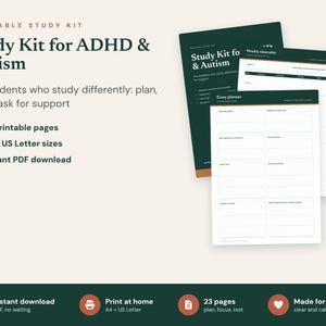 Op de afbeelding: Een printbare studiekit voor ADHD en autisme met 23 pagina's in A4- en US Letter-formaten. De kit bevat een weekrooster en essayplanner met donkergroene en witte lay-outs. De tekst luidt: Study Kit for ADHD and Autism.