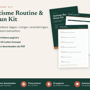 Op de afbeelding: Een digitale printbare kit getiteld Autisme Routine & Steun Kit met 23 pagina's in A4- en US Letter-formaat. De set bevat visuele schema's en sociale scripts met donkergroene en witte lay-outs voor structuur en ondersteuning.