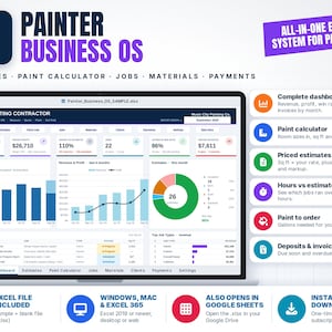 May include: A digital dashboard titled Painter Business OS displayed on a laptop screen, featuring charts, revenue data, and job tracking metrics. The interface includes tabs for estimates, paint calculators, jobs, materials, and payments for contractors.