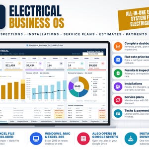 Puede incluir: Un panel de control digital titulado Electrical Business OS en una pantalla de portátil, que muestra gráficos, datos financieros y seguimiento de trabajos para electricistas. La interfaz incluye pestañas para trabajos, inspecciones y pagos, con una barra lateral que enumera funciones como un libro de precios fijos, permisos y planes de servicio.
