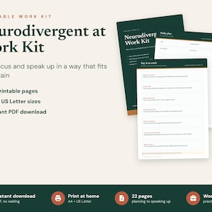 Op de afbeelding: Een printbare Neurodivergent at Work Kit met 22 pagina's in A4- en US Letter-formaat. De documentenset bevat een voorpagina, een dagplanning-sjabloon en een Say it at work-blad met diverse communicatie-prompts in donkergroen en wit.