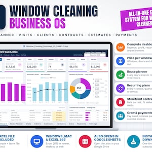 May include: A digital dashboard for a window cleaning business operating system displayed on a laptop screen. The interface shows financial metrics, revenue charts, and client data. Text includes Window Cleaning Business OS, Route Planner, Visits, Clients, Contracts, Estimates, Payments, and All-in-one Excel system for window cleaners.