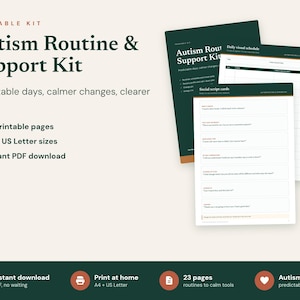 Op de afbeelding: Een printbare Autism Routine & Support Kit met 23 pagina's in A4- en US Letter-formaat. De set bevat een dagelijks visueel schema en sociale scriptkaarten met tekst, uitgevoerd in een donkergroen en wit kleurenschema.