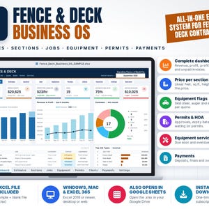 Fence and Deck Business Spreadsheet, Fence Installer Excel Template, Estimate per Section, Permit & Equipment Tracker, Job Profit Dashboard