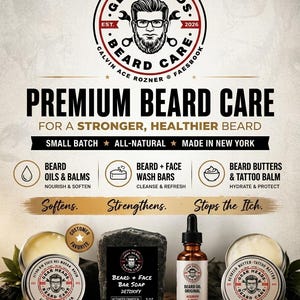 Pu&ograve; includere: Una pubblicit&agrave; per i prodotti per la cura della barba Gear Heads. L'immagine presenta un logo con un uomo barbuto con gli occhiali e vari prodotti come oli per barba, saponi e burri. Il testo include "Premium Beard Care" e "Made in New York."