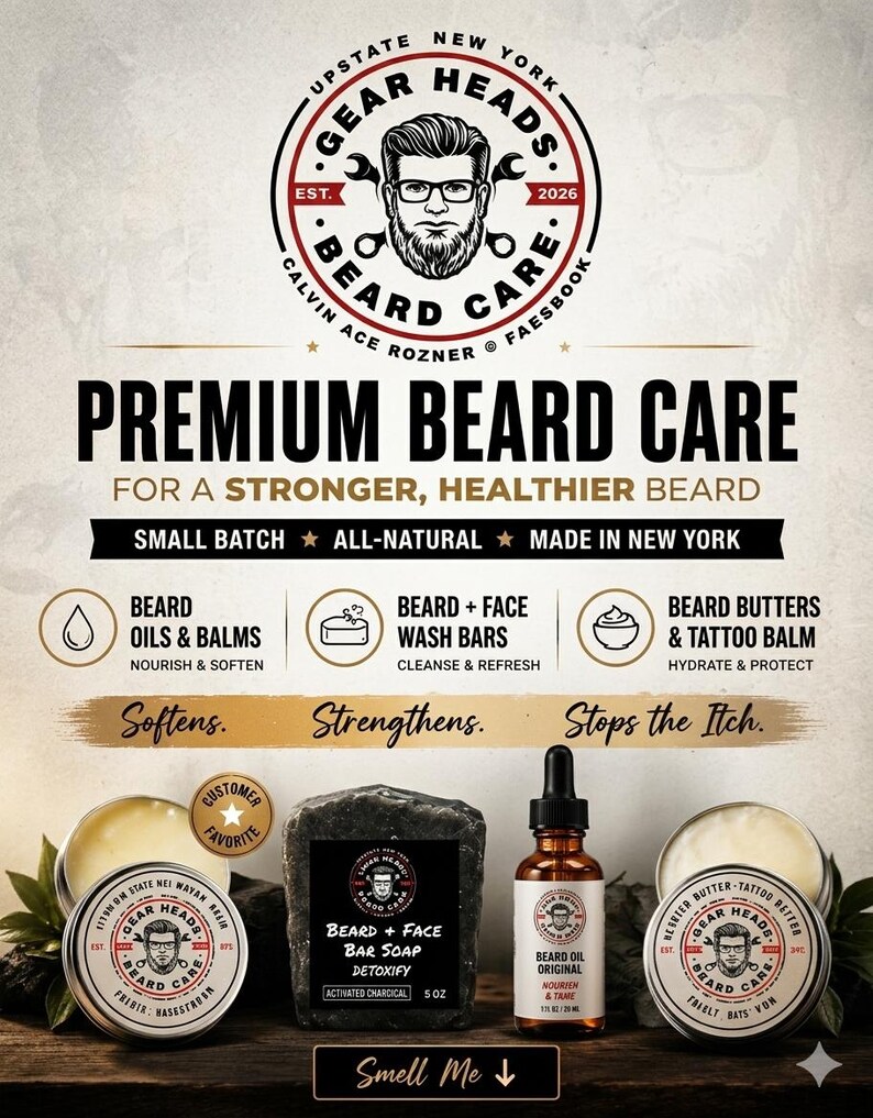 Pu&ograve; includere: Una pubblicit&agrave; per i prodotti per la cura della barba Gear Heads. L'immagine presenta un logo con un uomo barbuto con gli occhiali e vari prodotti come oli per barba, saponi e burri. Il testo include "Premium Beard Care" e "Made in New York."
