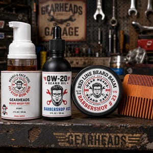 May include: A beard care set featuring a 2 fl oz bottle of beard wash fuel, a 2 fl oz bottle of 0W-20 beard oil, a 2 oz tin of red line beard balm, and a wooden beard comb. Each product label features a logo with a man's face and wrenches.