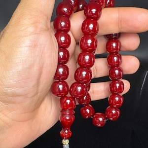Ottoman Cut New Faturan Prayer Beads, Cherry Amber Misbaha with Silver Kazaz Tassel