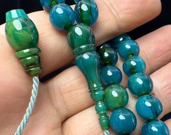 45 Beads qadim– Ocean Green Blue Marbled / Master Craft Hand Turned from Antique Necklace ,