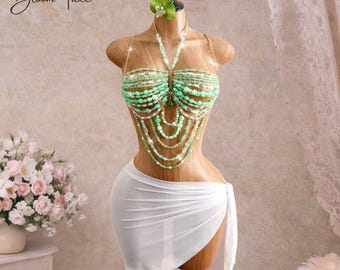 Top halter con cuentas de cristal verde menta, camisola con cadena corporal estilo festival Mermaidcore, regalo para mujer.