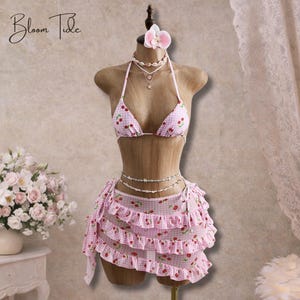 Pink Cherry Gingham Bikini Set With Ruffle Skirt, 3 Piece Swimwear Summer Outfit