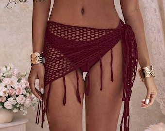 Burgundy Crochet Tassel Beach Cover Up Skirt, Boho Swimwear Wrap Sarong