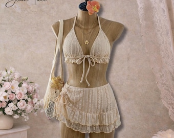 Apricot Spitze Triangle Bikini Set, Rüschenrock weich feminin Strand Outfit, Geschenk für Sie