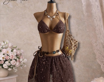 Braun Perlen Bikini Set mit Rock, Boho Pailletten Bademode, Resort Strand Outfit, elegantes Urlaubs Bikini Set, Geschenk für Sie