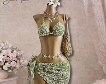 Green Floral Bikini Set, Halter Backless Sarong 3 Piece Swimwear, Gift for Her
