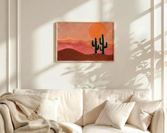 Textured Cactus Canvas Art – Boho Sunset Desert Painting, Southwestern Decor